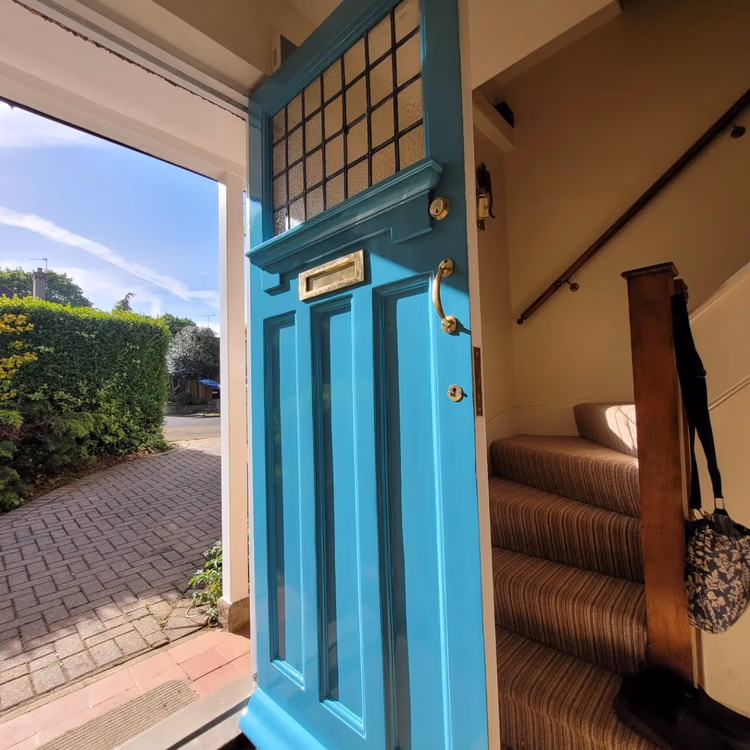 Front door restored and hand painted in Teal Facade high gloss